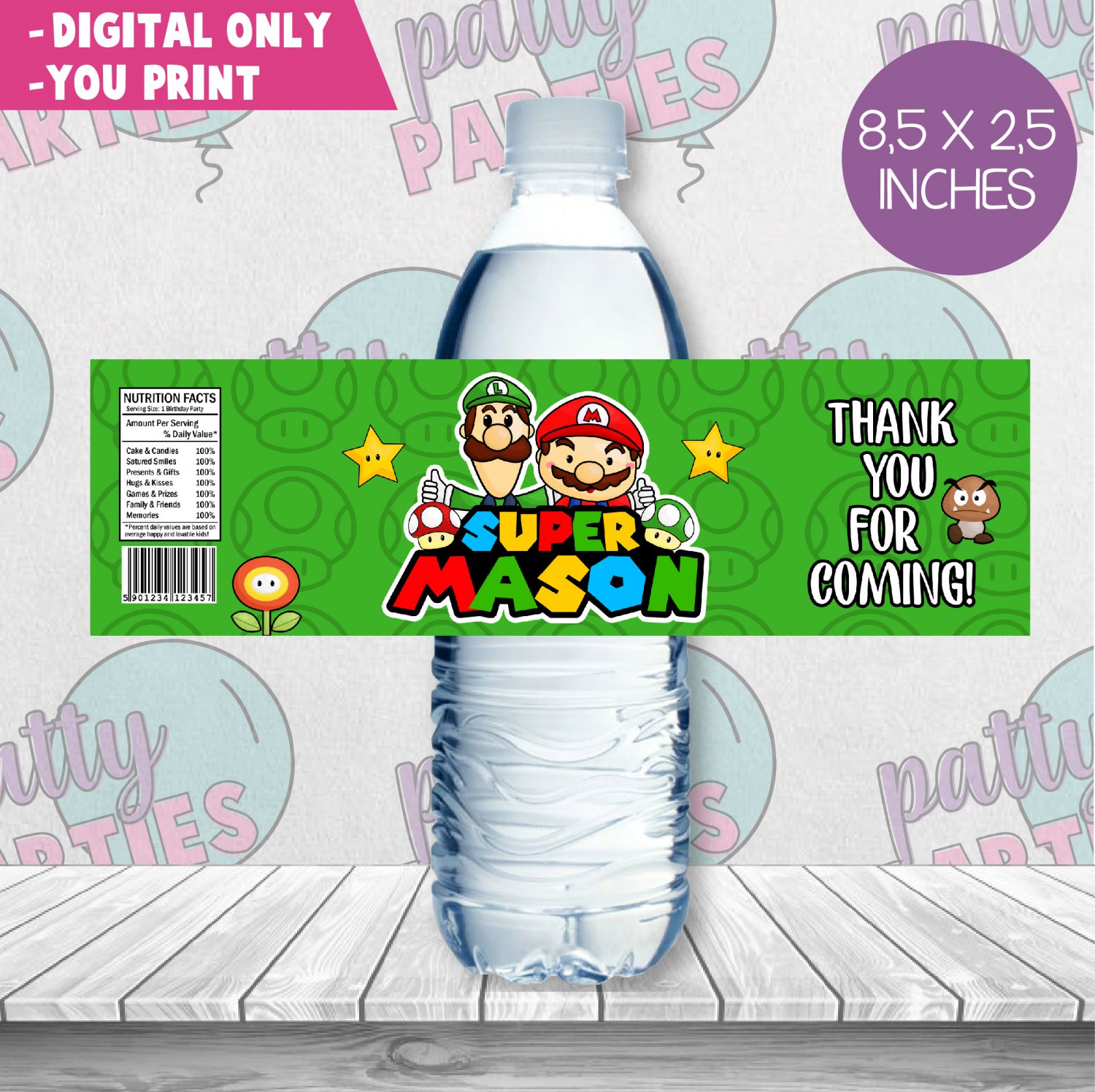 SUPER MARIO WATER BOTTLE LABEL