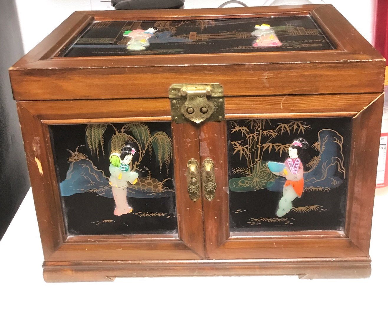 Vintage Lacquer & Wood Geisha Girl Jewelry Box