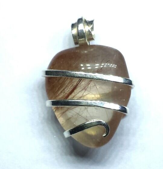 12.8 ct Sterling Silver Wire Wrap Pendant W/ Natural Rutiled Gem Quartz,Necklace