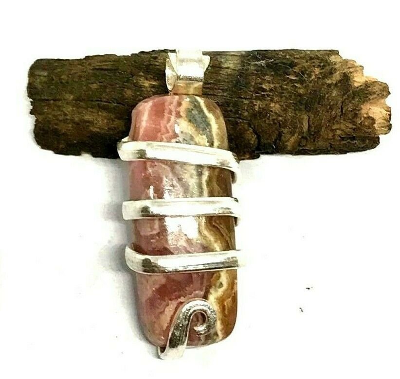 21 ct Sterling Silver Wire Wrap Pendant Natural Rhodochrosite Crystal,Necklace