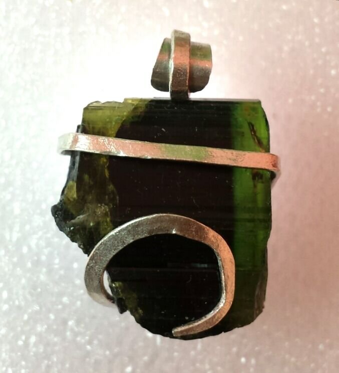 40 ct Sterling Silver Wire Wrap Pendant W/ Bi Color Tourmaline Crystal,necklace
