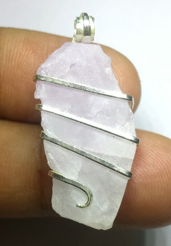 31.20 ct Sterling Silver Wire Wrap Pendant W/ Kunzite Crystal,Handmade Necklace