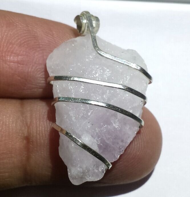 29.5 ct Sterling Silver Wire Wrap Pendant W/ Kunzite Crystal,Necklace