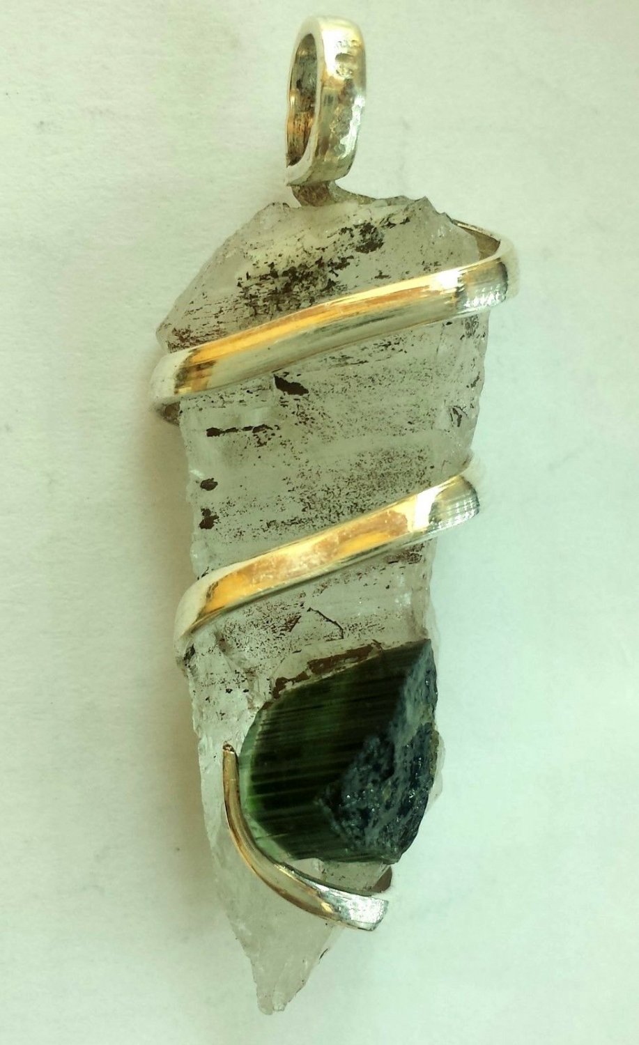 32 ct Sterling Silver Wire Wrap Pendant W/ Bi Color Tourmaline Handmade Necklace