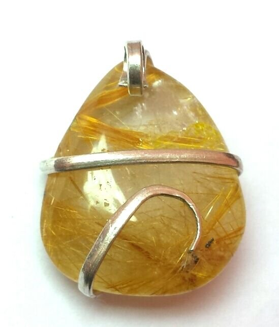 29 ct Sterling Silver Wire Wrap Pendant W/ Natural Rutiled Gem Quartz,Necklace