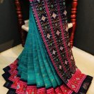 Indian Cotton Ikkat Print Saree - Paste With Black Par - Ami