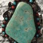 ANTIQUE HUGE GREEN BLUE TURQUOISE CORAL BRACELET STERLING SILVER SIGNED NAVAJO NATIVE AMERICAN