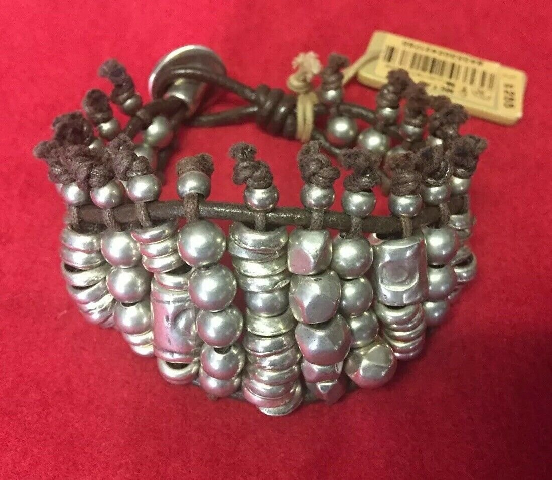 Uno De 50 Beaded Silver Leather Bracelet