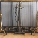 Antique NORWICH NY Solid Brass/Iron Fireplace Screen w/Andirons And Tools Set