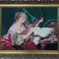 ANTIQUE NEEDLEPOINT EMBROIDERY WOMEN PLAYING MANDOLIN GOLD ORNATE FRAME
