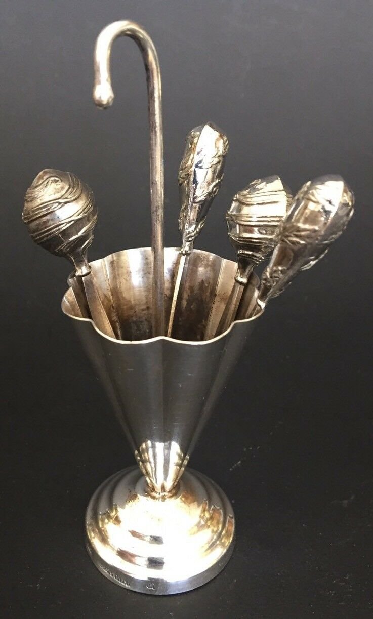 VINTAGE HAZORFIM ISRAEL UMBRELLA TOOTHPICKS HOLDER 4TPC STERLING SILVER