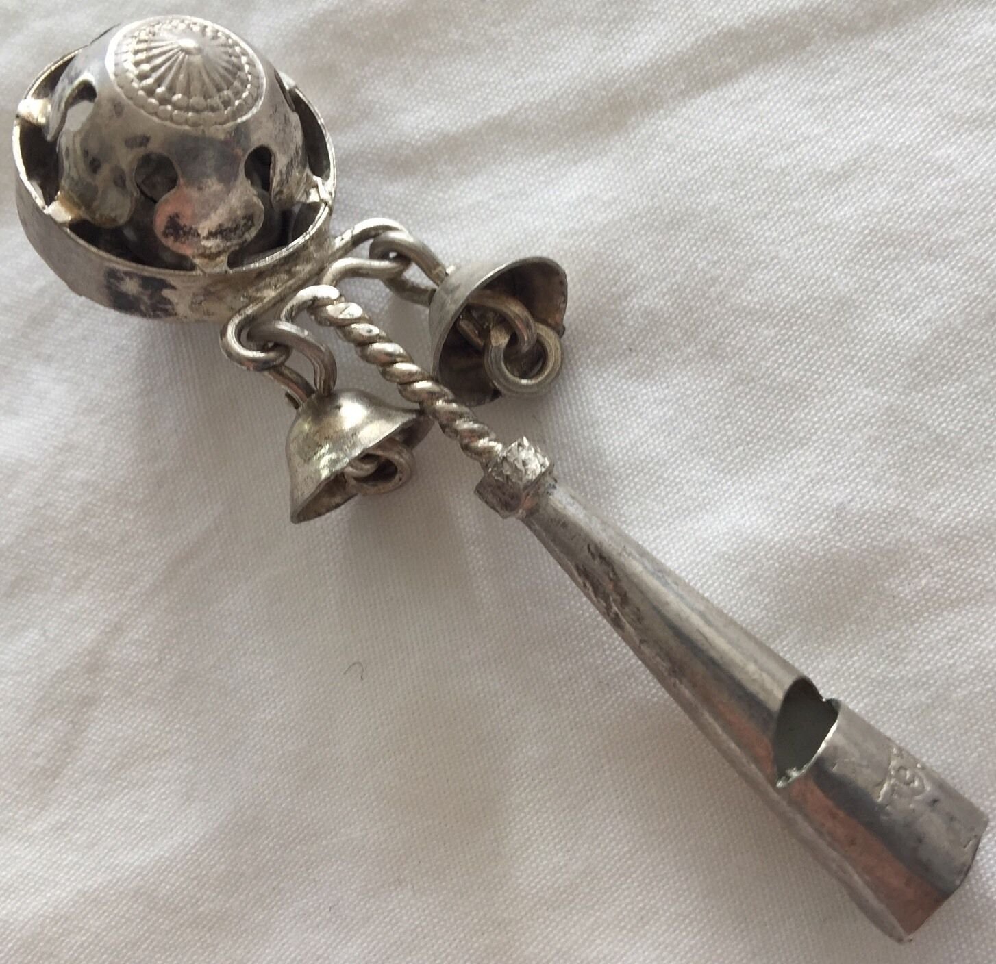 ANTIQUE BABY RATTLE WHISTLE BELLS STERLING SILVER VICTORIAN