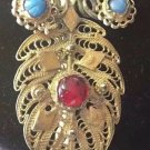 ANTIQUE BROOCH PIN TURQUOISE GARNET GOLD PLATED FILIGREE GEORGIAN ORIGINAL