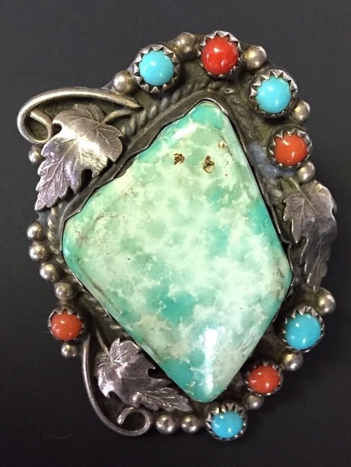 ANTIQUE RING GREEN TURQUOISE STERLING SILVER NAVAJO INDIAN NATIVE SIGNED Sz10.5