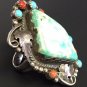 ANTIQUE RING GREEN TURQUOISE STERLING SILVER NAVAJO INDIAN NATIVE SIGNED Sz10.5