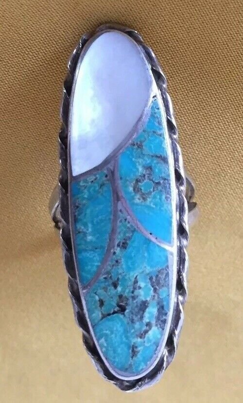 VINTAGE RING NAVAJO NATIVE TURQUOISE MOTHER OF PEARL STERLING SILVER Signed 7.25
