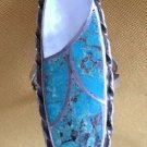 VINTAGE RING NAVAJO NATIVE TURQUOISE MOTHER OF PEARL STERLING SILVER Signed 7.25