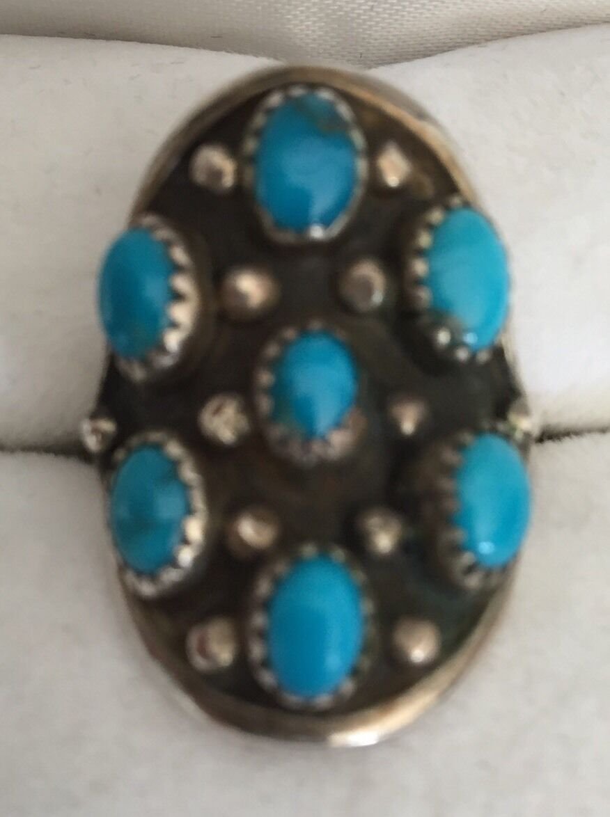 VINTAGE RING NAVAJO NATIVE INDIAN TURQUOISE STERLING SILVER 1960s Sz 8.25