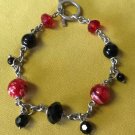 Vintage Millefiori Red Black Crystal Onyx Beads Bracelet - Sterling Silver Italy