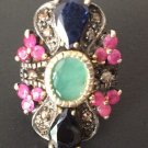 ANTIQUE RING EMERALD SAPPHIRES RUBBIES DIAMONDS 14K YELLOW GOLD SILVER 19C