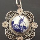ANTIQUE PENDANT FILIGREE SILVER HAND PAINTED VINDMILL ON PORCELAIN ART NOUVEAU