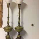 ANTIQUE LAMPS PAIR GREEN ENAMEL WHITE MILK GLASS BRASS ORIGINAL ART DECO '20s