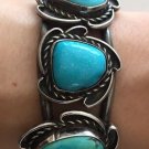 VINTAGE CUFF BRACELET NAVAJO NATIVE INDIAN 3 BLUE TURQUOISES STERLING SILVER
