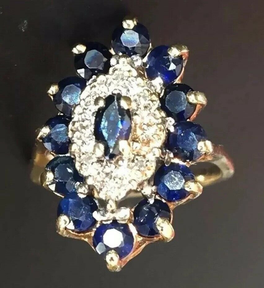 ANTIQUE WOMEN COCKTAIL RING BLUE SAPPHIRES DIAMONDS 10K YELLOW GOLD