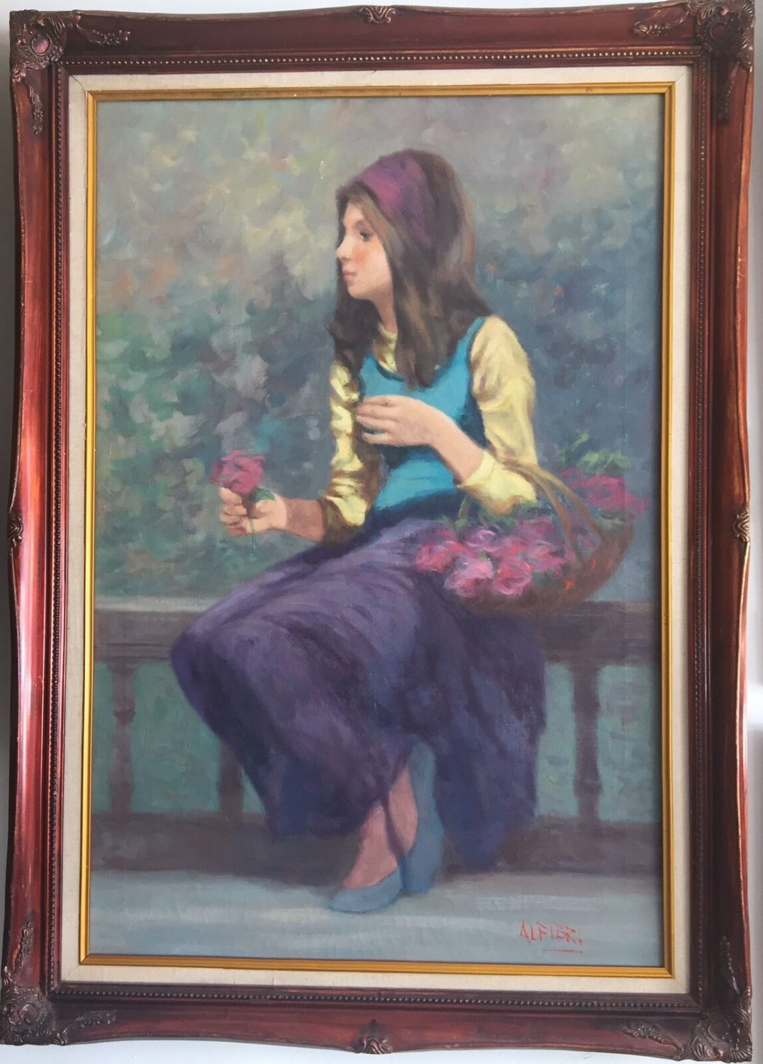 PHILIPPE ALFIERI GIRL WITH ROSES PAINTING OIL ON CANVAS SIGNED 1960s ITALIAN