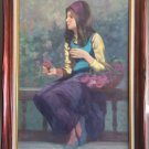 PHILIPPE ALFIERI GIRL WITH ROSES PAINTING OIL ON CANVAS SIGNED 1960s ITALIAN