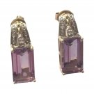 Vintage Art Deco Emerald Cut Amethyst & Diamond Stud Earrings in 10k Yellow Gold