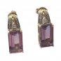 Vintage Art Deco Emerald Cut Amethyst & Diamond Stud Earrings in 10k Yellow Gold