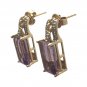 Vintage Art Deco Emerald Cut Amethyst & Diamond Stud Earrings in 10k Yellow Gold