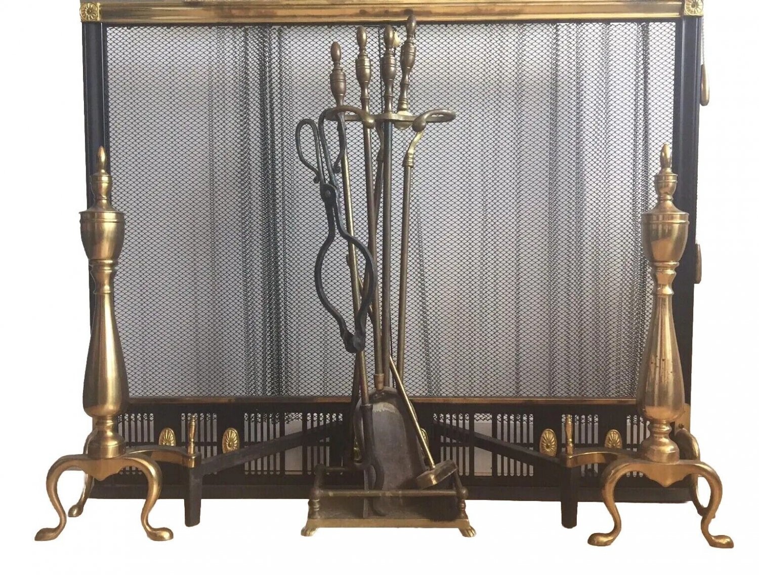Antique Norwich NY Solid Brass/Iron Fireplace Screen w/Andirons And Tools Set