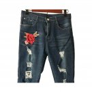 Women’s Blue Skinny Jeans with 2 Roses Embroidery - Size M