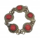 Antique Byzantine Serbian Bracelet - Handcrafted Silver with Round Red Coral