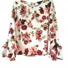 Ambiance white red Floral roses long bell sleeve women's blouse S