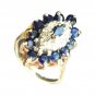Women's Ring Antique Blue Sapphires Diamonds Cocktail 10K Solid Yellow Gold 5.75
