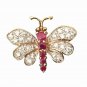 Brooch Pin Vintage Butterfly Ruby & Crystals, Vermeil Gold over Sterling Silver