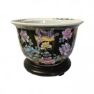 Vintage Oriental Flowers & Birds Cloisonné  Ceramic Planter With Wood Stand 9"