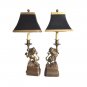 Art Deco French Table Lamp Brass Figural Prancing Lions Candelabra Black Shades