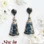 925 Sterling Silver Vintage Siam Niello Hindu Goddess Bell Screw Back Earrings