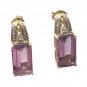 Vintage Emerald Cut Amethyst & Diamond Stud Earrings 10k Solid Yellow Gold