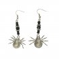Vintage Black Beads Rhinestones Spyder Dangle Drop Earrings Silver Tone Hook