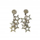 Vintage Silver Paved Crystal Sparkling Stars Dangle Earrings Oversized Clip On