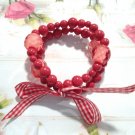 Red White Ribbon Two Layered Red Beads Adjustable Bracelet Stretch Red White Ribbon Two Layered Red Beads Adjustable Bracelet Stretch