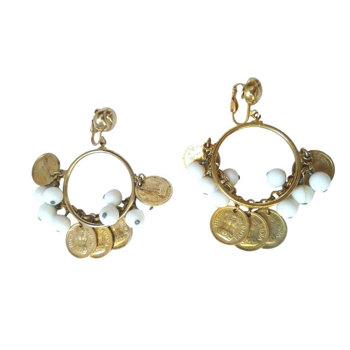 Vintage Coins & White Beads Circle Dangle Earrings Yellow Gold Plated Clip On