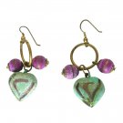 Vintage Boho Green Heart Purple Beads Dangle Earrings Brass Circle Hook Vintage Boho Green Heart Purple Beads Dangle Earrings Brass Circle Hook