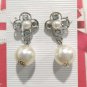 Vintage Faux Pearl Clear Rhinestone  Dangle Drop Earrings Silver Plated Posts
