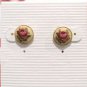 Vintage Round Needlepoint Rose Stud Earrings Yellow Gold Plated Posts
